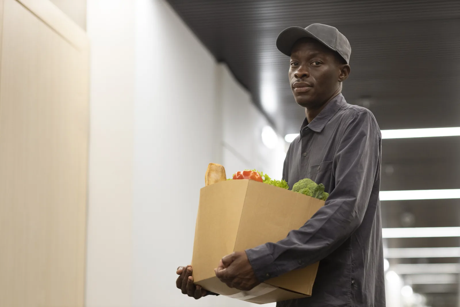 An Atlantic City Block Captain carrying a box of groceries for delivery with Boardwalk Basket